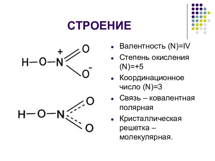 СТРОЕНИЕ Валентность (N)=IV Степень окисления (N)=+5 Координационное число (N)=3 Связь – ковалентная