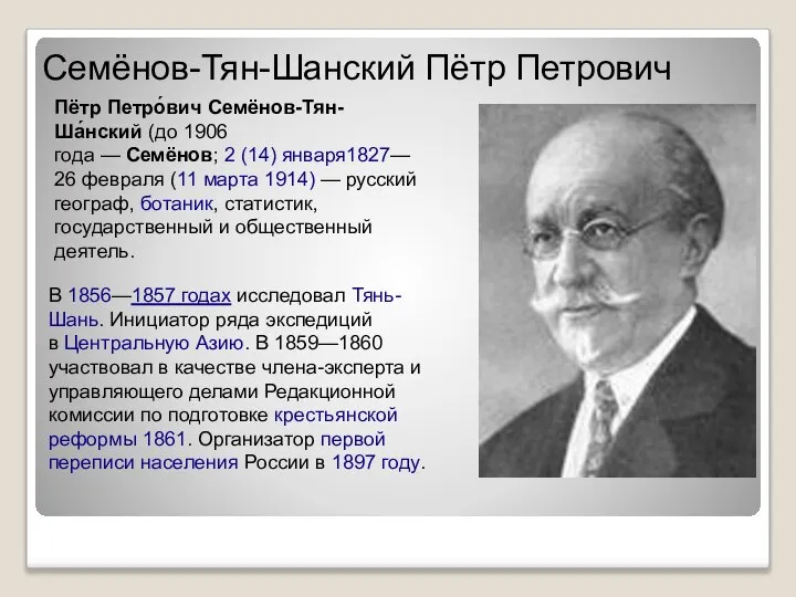 Семёнов-Тян-Шанский Пётр Петрович Пётр Петро́вич Семёнов-Тян-Ша́нский (до 1906 года — Семёнов; 2