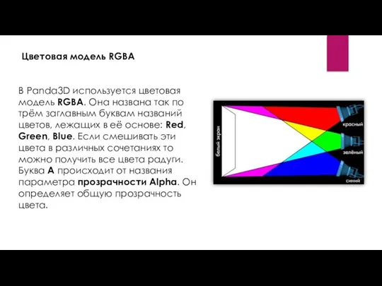 Цветовая модель RGBA В Panda3D используется цветовая модель RGBA. Она названа так