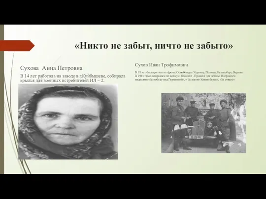 «Никто не забыт, ничто не забыто» Сухова Анна Петровна В 14 лет