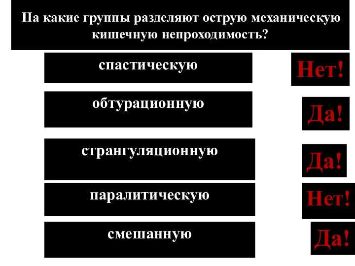 Да! На какие группы разделяют острую механическую кишечную непроходимость? смешанную обтурационную Да!