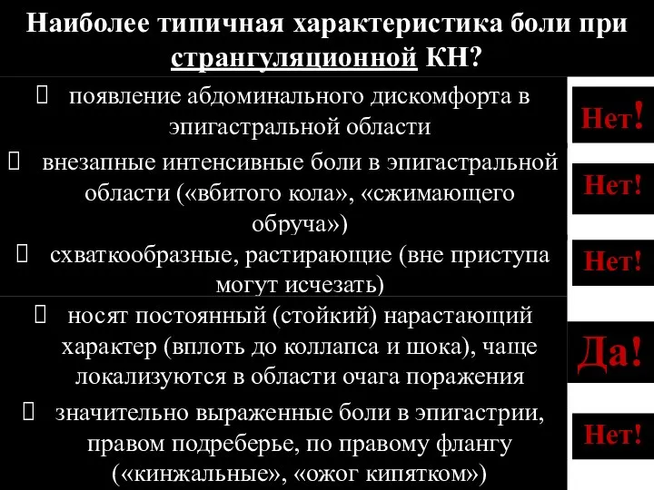 Нет! Наиболее типичная характеристика боли при странгуляционной КН? значительно выраженные боли в