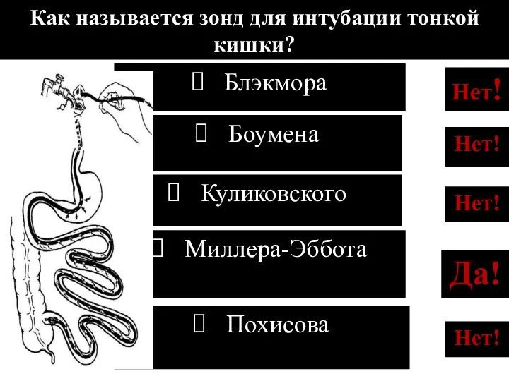 Нет! Как называется зонд для интубации тонкой кишки? Похисова Боумена Нет! Куликовского