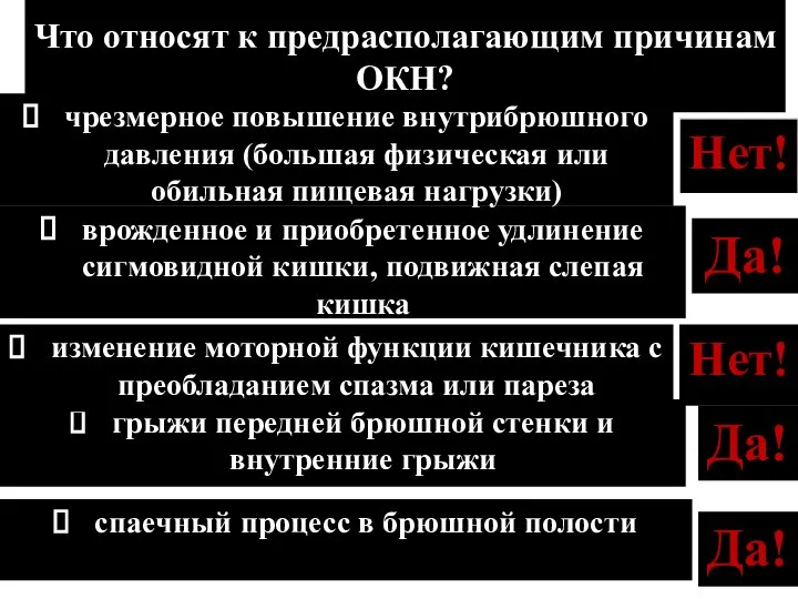 Да! Что относят к предрасполагающим причинам ОКН? грыжи передней брюшной стенки и