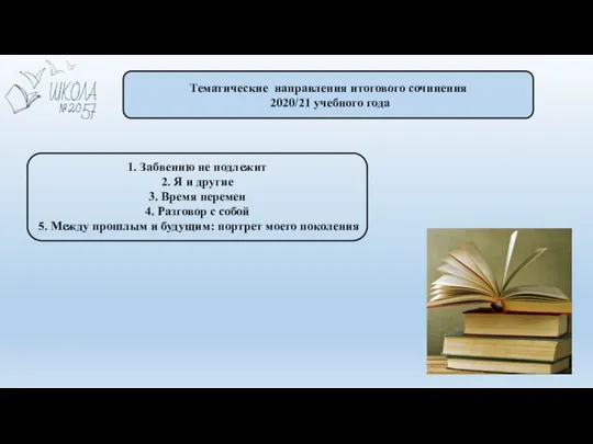 Тематические направления итогового сочинения 2020/21 учебного года 1. Забвению не подлежит 2.