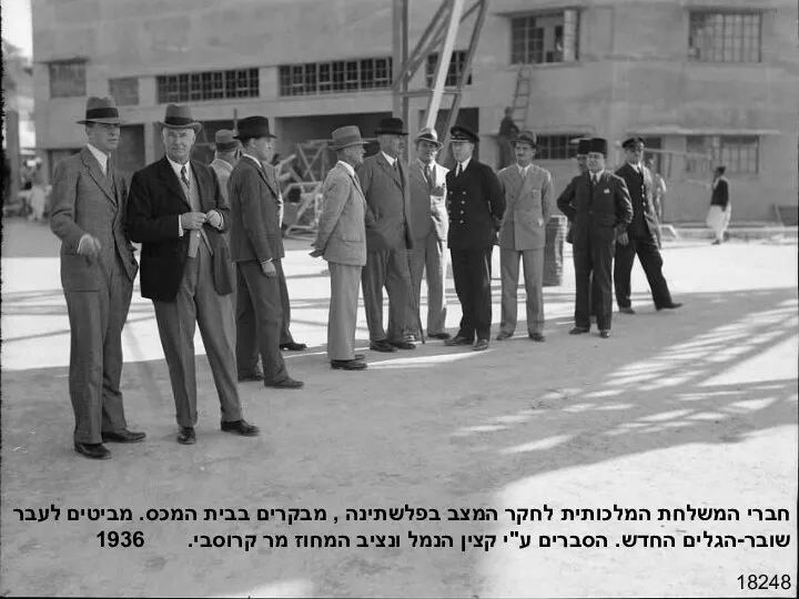 18248 חברי המשלחת המלכותית לחקר המצב בפלשתינה , מבקרים בבית המכס. מביטים