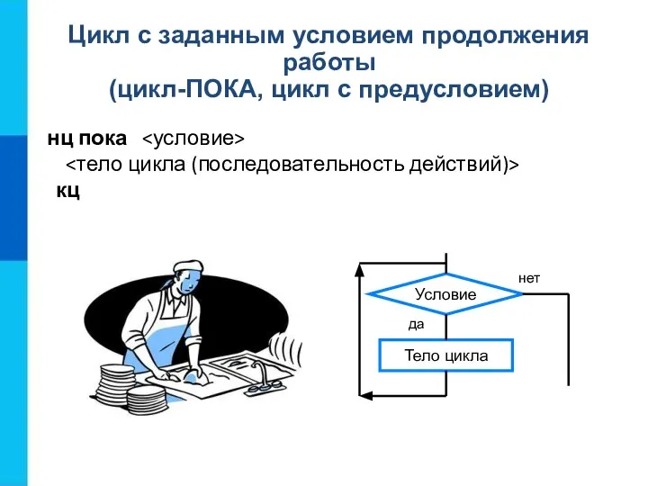 Цикл с заданным условием продолжения работы (цикл-ПОКА, цикл с предусловием) нц пока кц