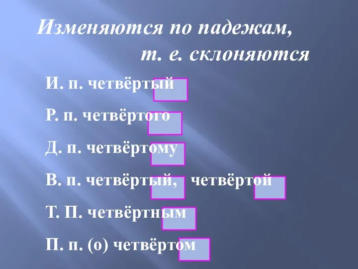 Изменяются по падежам, т. е. склоняются И. п. четвёртый Р. п. четвёртого