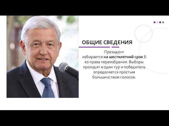 ОБЩИЕ СВЕДЕНИЯ Президент избирается на шестилетний срок без права переизбрания. Выборы проходят