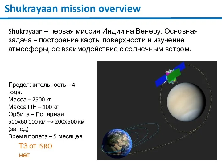 Shukrayaan mission overview Shukrayaan – первая миссия Индии на Венеру. Основная задача