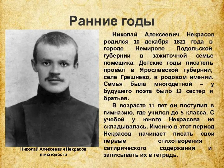 Ранние годы Николай Алексеевич Некрасов родился 10 декабря 1821 года в городе