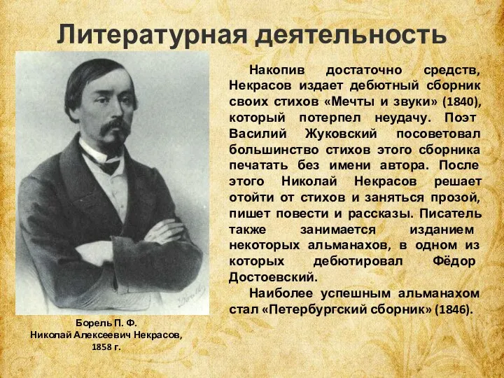 Литературная деятельность Накопив достаточно средств, Некрасов издает дебютный сборник своих стихов «Мечты