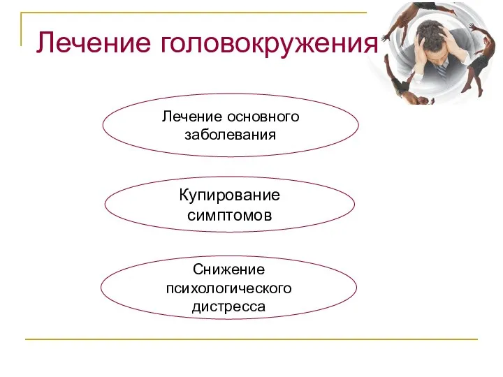 Лечение основного заболевания Купирование симптомов Снижение психологического дистресса Лечение головокружения