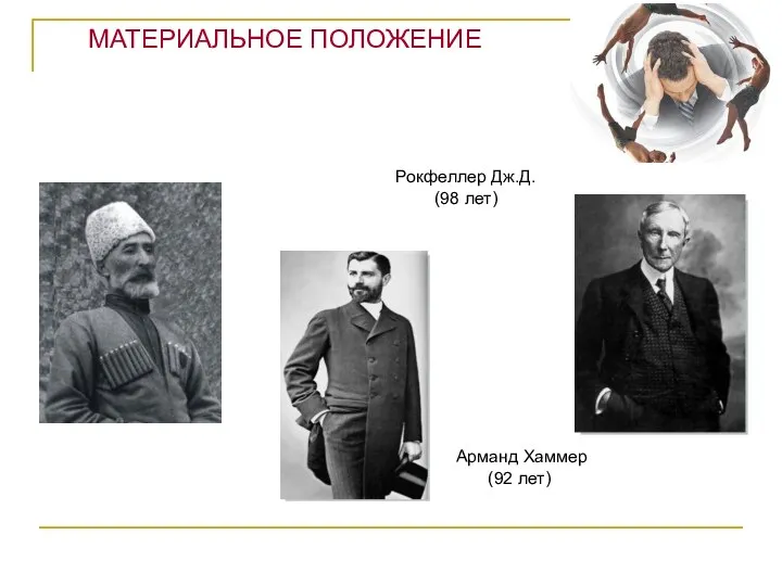 Рокфеллер Дж.Д. (98 лет) Арманд Хаммер (92 лет) МАТЕРИАЛЬНОЕ ПОЛОЖЕНИЕ