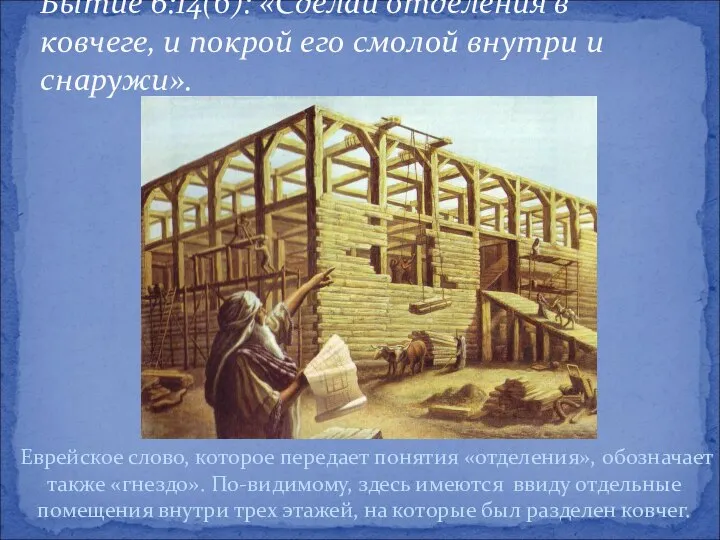 Бытие 6:14(б): «Сделай отделения в ковчеге, и покрой его смолой внутри и