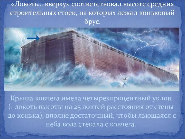 «Локоть… вверху» соответствовал высоте средних строительных стоек, на которых лежал коньковый брус.