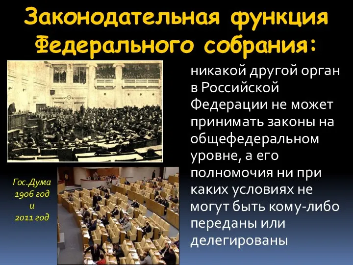 Законодательная функция Федерального собрания: никакой другой орган в Российской Федерации не может