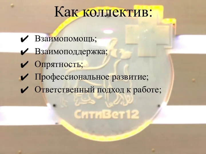 Как коллектив: Взаимопомощь; Взаимоподдержка; Опрятность; Профессиональное развитие; Ответственный подход к работе;