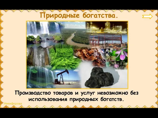 Производство товаров и услуг невозможно без использования природных богатств. Природные богатства.