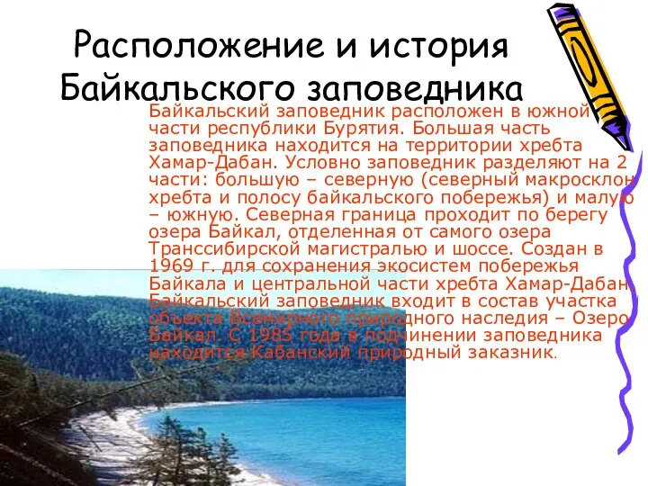 Расположение и история Байкальского заповедника Байкальский заповедник расположен в южной части республики