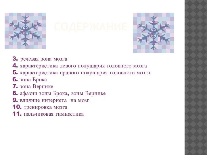 СОДЕРЖАНИЕ 3. речевая зона мозга 4. характеристика левого полушария головного мозга 5.