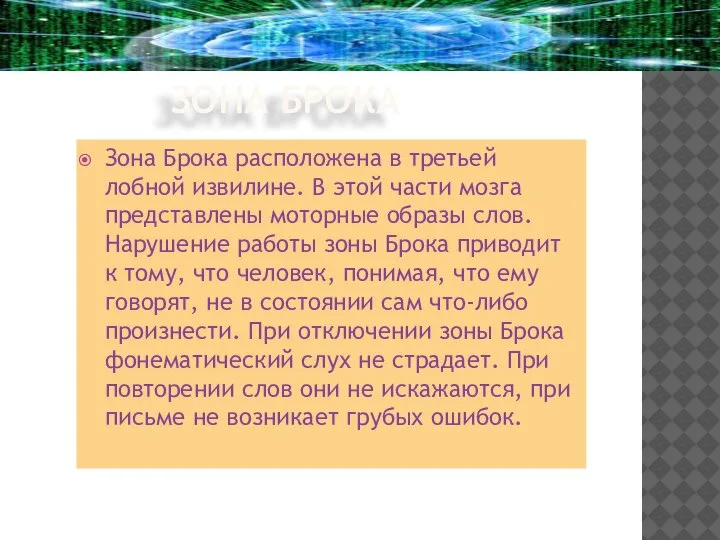 ЗОНА БРОКА Зона Брока расположена в третьей лобной извилине. В этой части