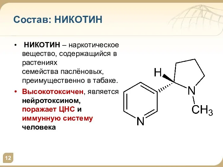 Состав: НИКОТИН НИКОТИН – наркотическое вещество, содержащийся в растениях семейства паслёновых, преимущественно