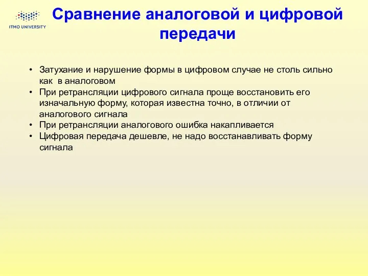 Сравнение аналоговой и цифровой передачи Затухание и нарушение формы в цифровом случае