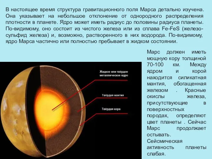 В настоящее время структура гравитационного поля Марса детально изучена. Она указывает на