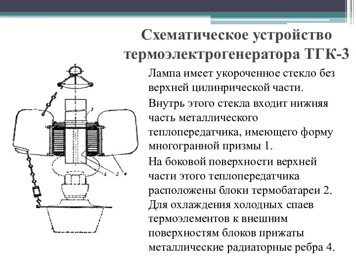 Схематическое устройство термоэлектрогенератора ТГК-3 Лампа имеет укороченное стекло без верхней цилинрической части.