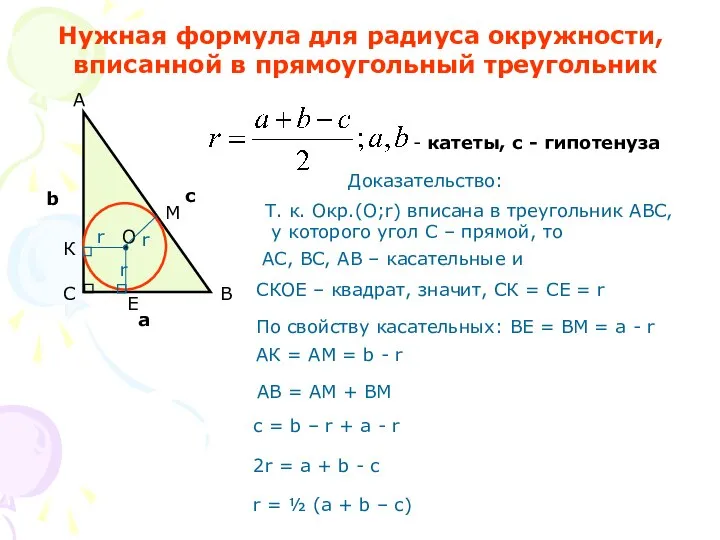Нужная формула для радиуса окружности, вписанной в прямоугольный треугольник Доказательство: СКОЕ –
