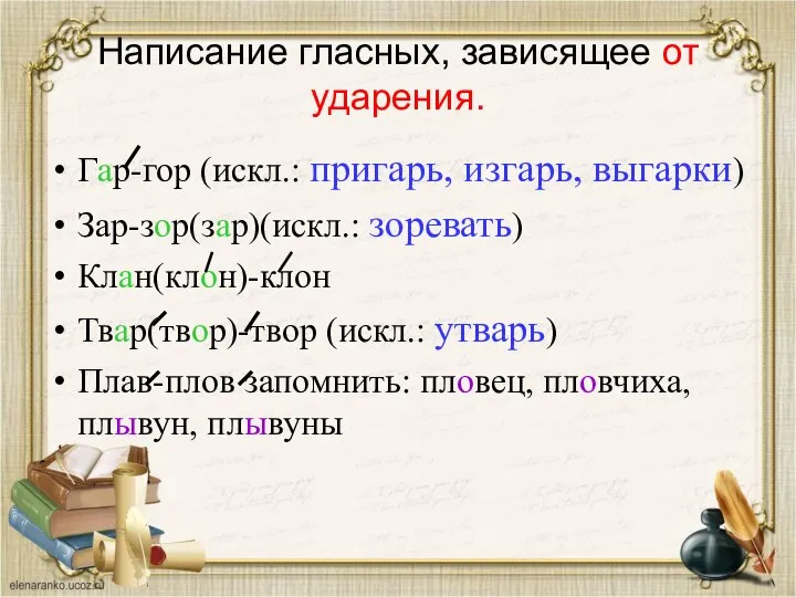 Написание гласных, зависящее от ударения. Гар-гор (искл.: пригарь, изгарь, выгарки) Зар-зор(зар)(искл.: зоревать)