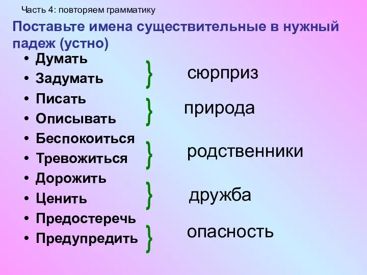 Поставьте имена существительные в нужный падеж (устно) Думать Задумать Писать Описывать Беспокоиться