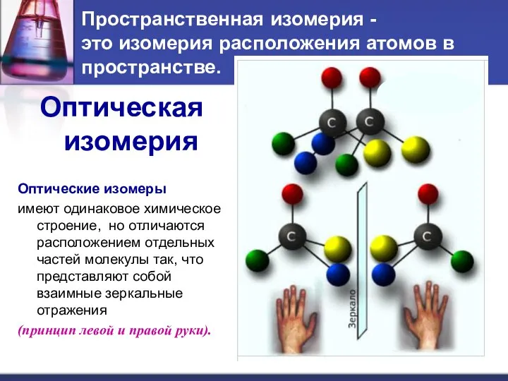 Пространственная изомерия - это изомерия расположения атомов в пространстве. Оптическая изомерия Оптические