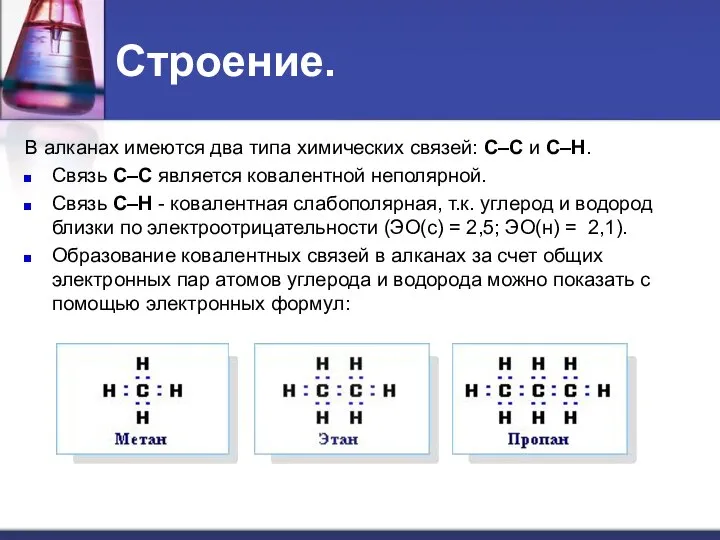 Строение. В алканах имеются два типа химических связей: С–С и С–Н. Связь