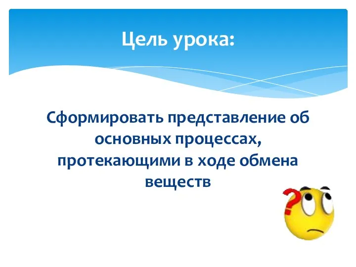 Сформировать представление об основных процессах, протекающими в ходе обмена веществ Цель урока: