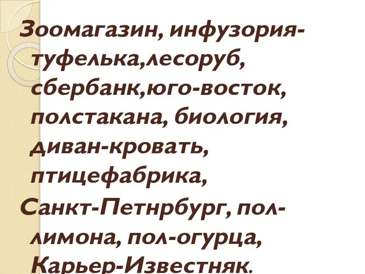 Зоомагазин, инфузория-туфелька,лесоруб,сбербанк,юго-восток, полстакана, биология, диван-кровать,птицефабрика, Санкт-Петнрбург, пол-лимона, пол-огурца, Карьер-Известняк.