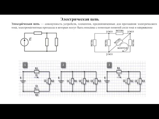 Электрическая цепь Электри́ческая цепь — совокупность устройств, элементов, предназначенных для протекания электрического