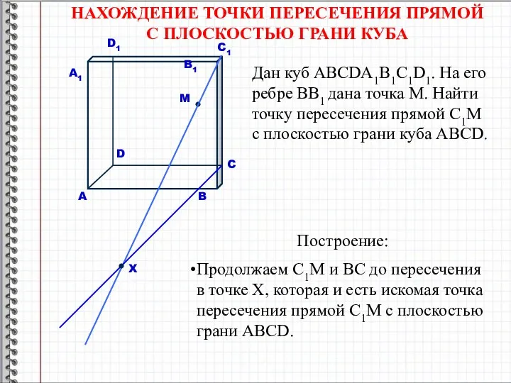 НАХОЖДЕНИЕ ТОЧКИ ПЕРЕСЕЧЕНИЯ ПРЯМОЙ С ПЛОСКОСТЬЮ ГРАНИ КУБА Дан куб ABCDA1B1C1D1. На