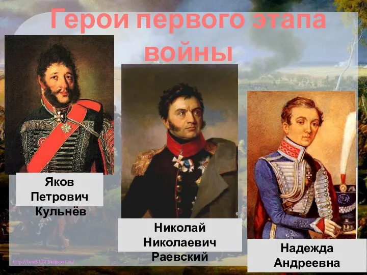 Герои первого этапа войны Надежда Андреевна Дурова Яков Петрович Кульнёв Николай Николаевич Раевский