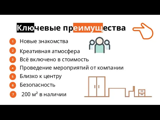 Новые знакомства Ключевые преимущества 1 2 3 4 Креативная атмосфера Всё включено