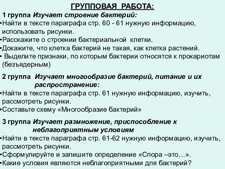 ГРУППОВАЯ РАБОТА: 1 группа Изучает строение бактерий: Найти в тексте параграфа стр.