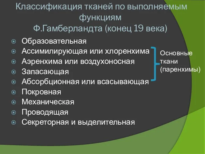 Образовательная Ассимилирующая или хлоренхима Аэренхима или воздухоносная Запасающая Абсорбционная или всасывающая Покровная