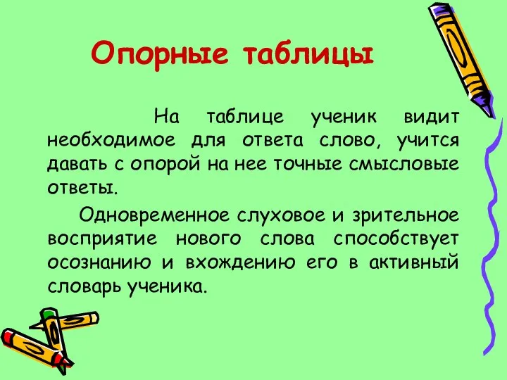 Опорные таблицы На таблице ученик видит необходимое для ответа слово, учится давать