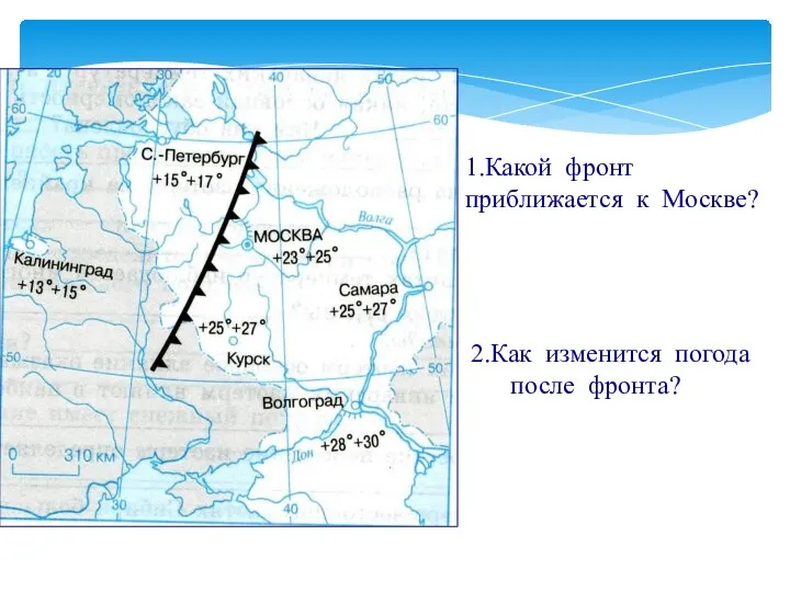 1.Какой фронт приближается к Москве? 2.Как изменится погода после фронта?