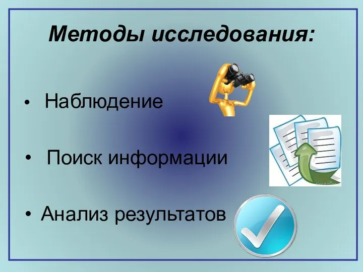 Методы исследования: Наблюдение Поиск информации Анализ результатов