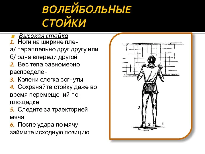 ВОЛЕЙБОЛЬНЫЕ СТОЙКИ Высокая стойка 1. Ноги на ширине плеч а/ параллельно друг