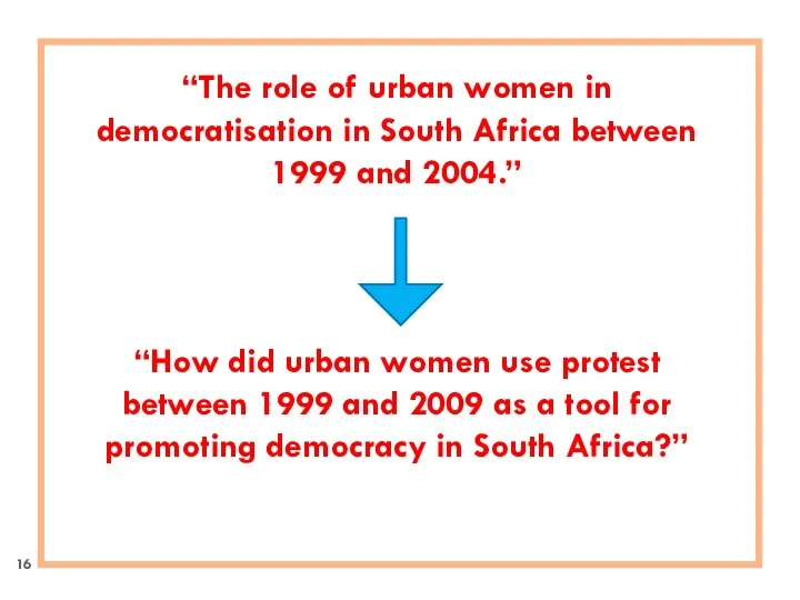 “The role of urban women in democratisation in South Africa between 1999