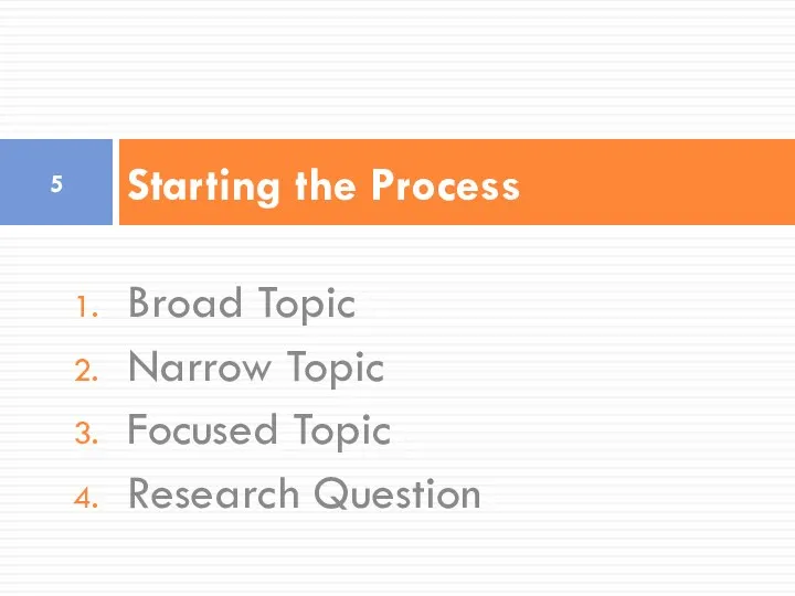 Broad Topic Narrow Topic Focused Topic Research Question Starting the Process