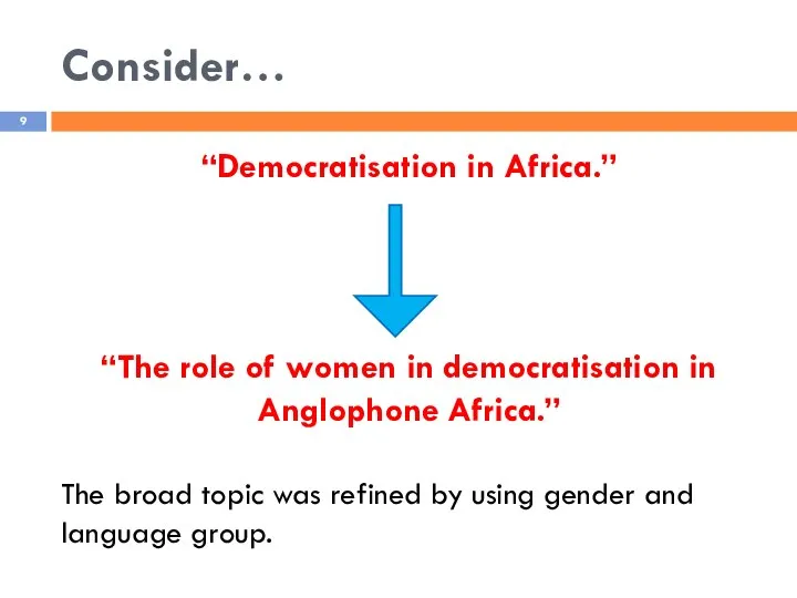 Consider… “Democratisation in Africa.” “The role of women in democratisation in Anglophone